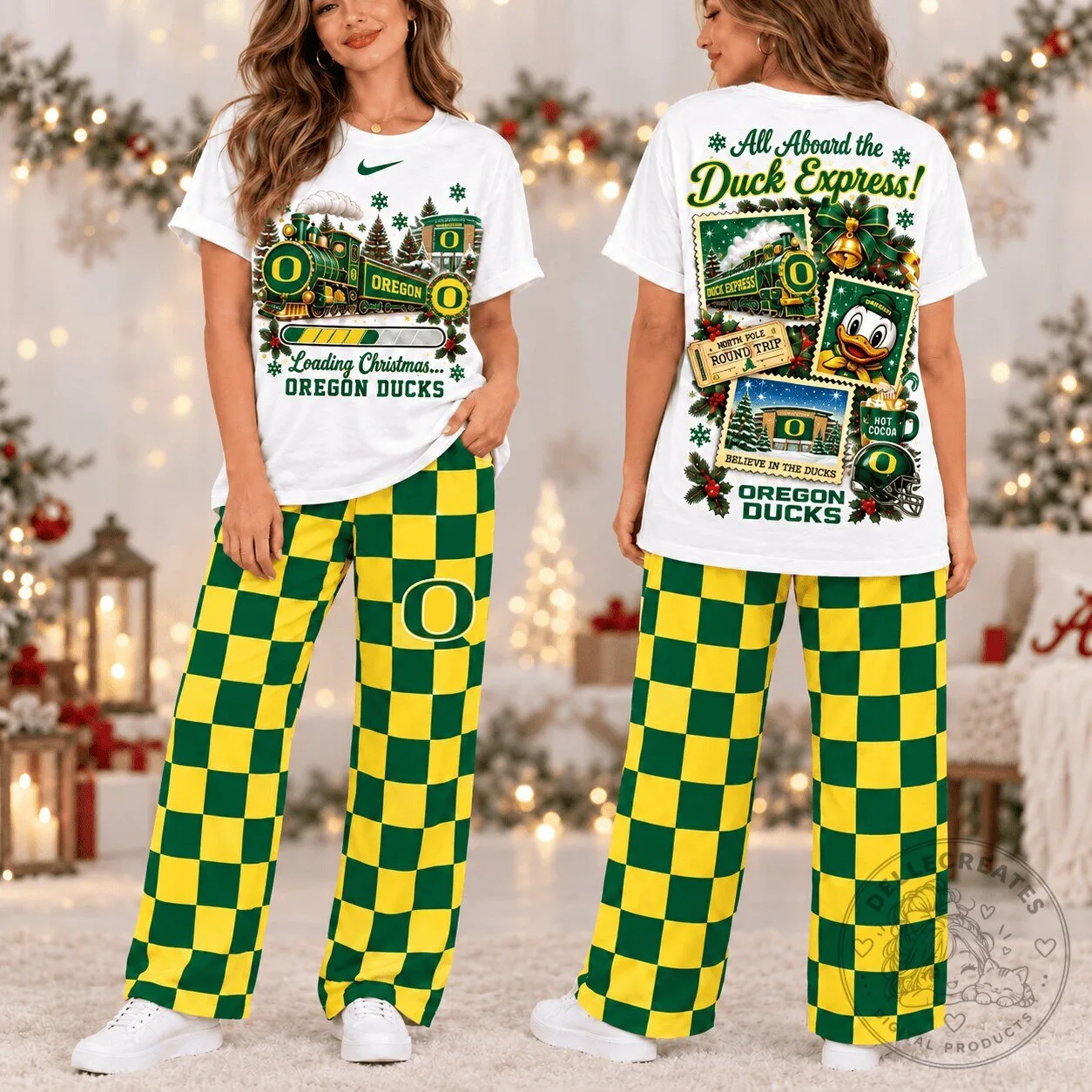 Oregon Ducks Christmas Pajamas Set, All Aboard the Duck Express Holiday Sleepwear