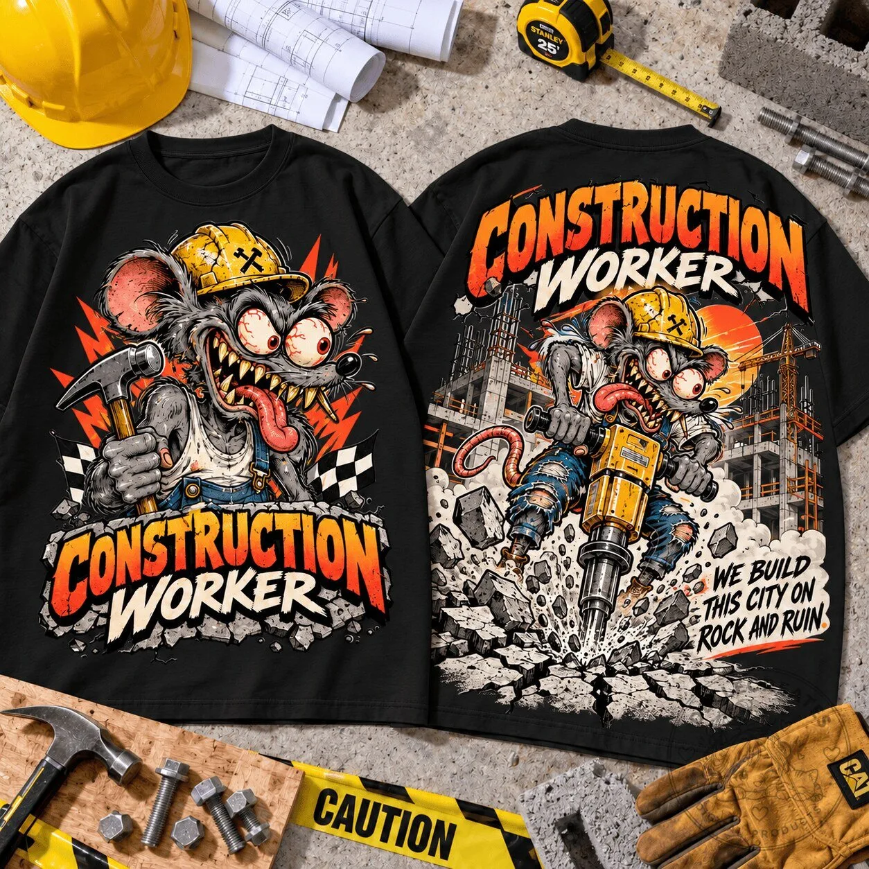 Rat Fink Construction Worker Rock and Ruin Graphic T-Shirt for Construction Lovers