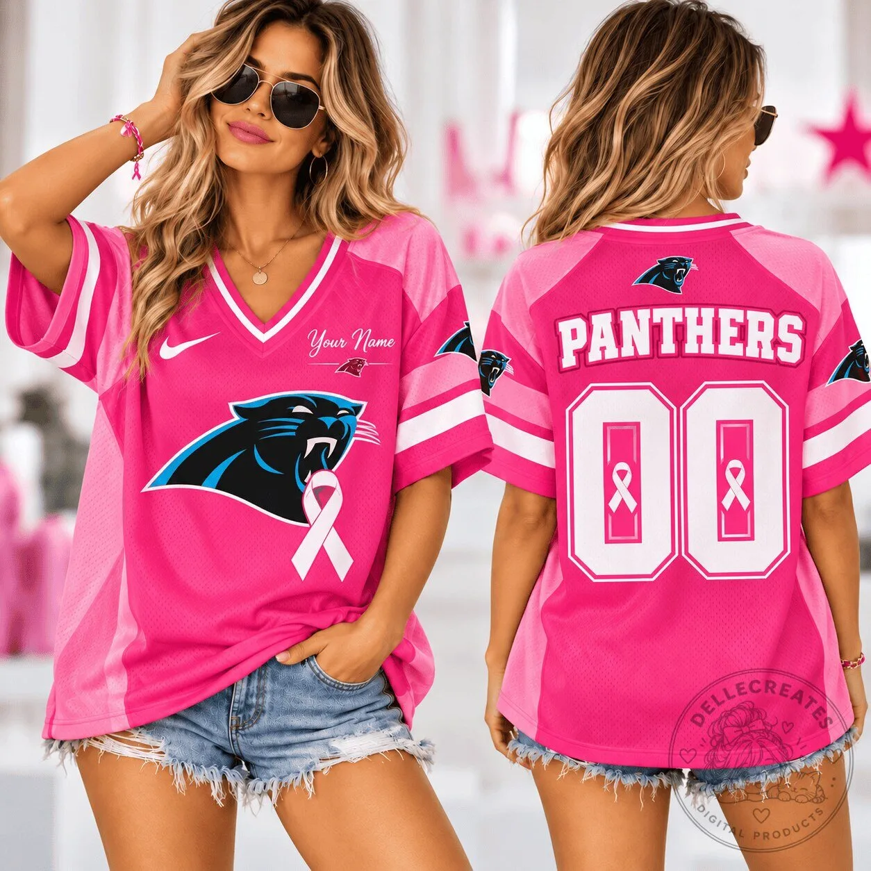 Carolina Panthers Pink Breast Cancer Awareness NFL Football Jersey for Women