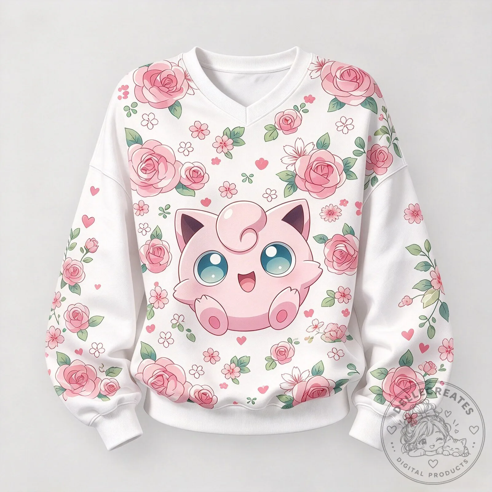 Jigglypuff Pokemon Character Floral Pattern V-Neck Sweatshirt