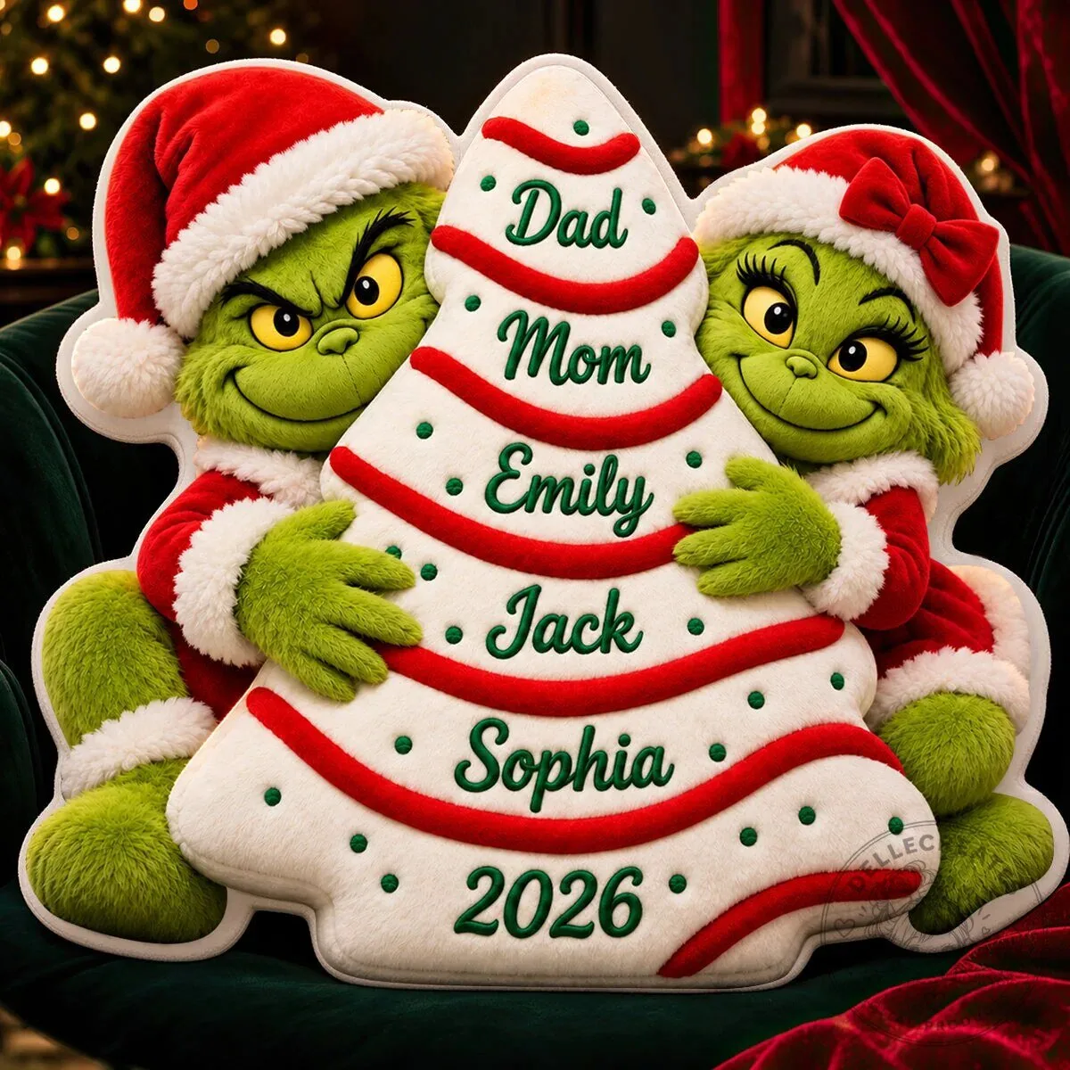 Grinch Family Christmas Tree Personalized Pillow