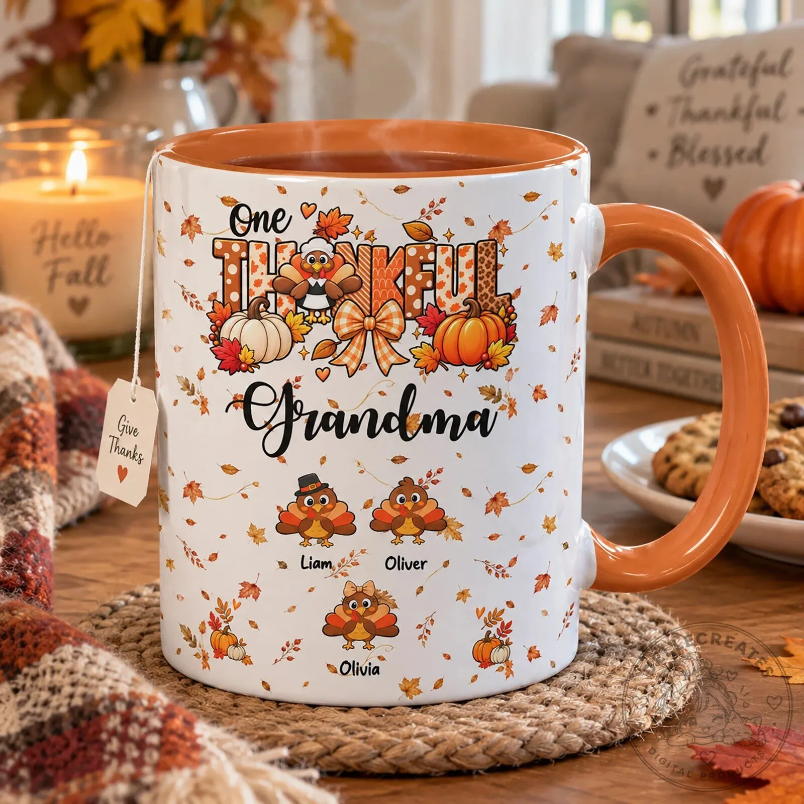One Thankful Grandma Personalized Turkey Fall Leaves Thanksgiving Mug