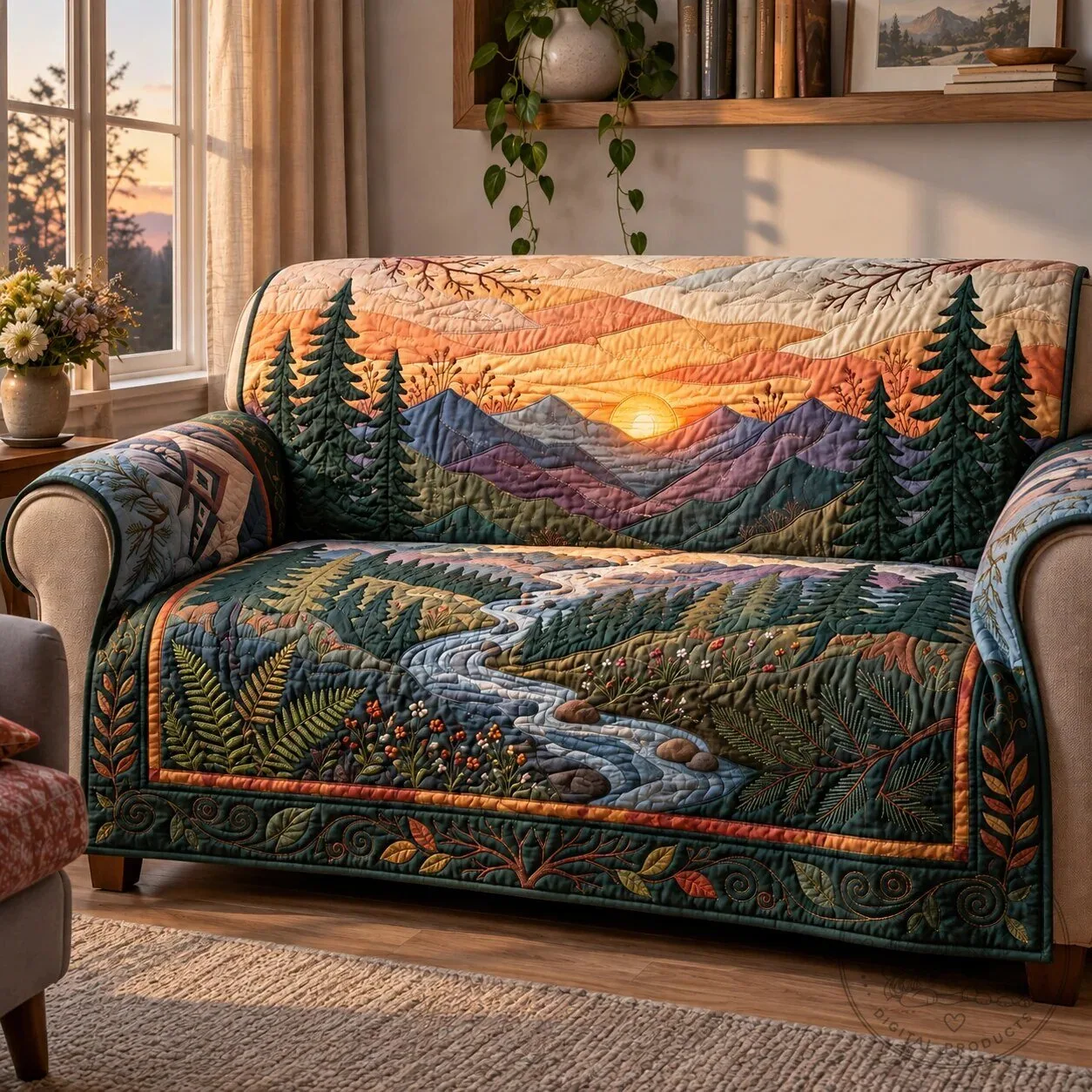 Woodland Sunset Mountains Quilted Sofa Cover
