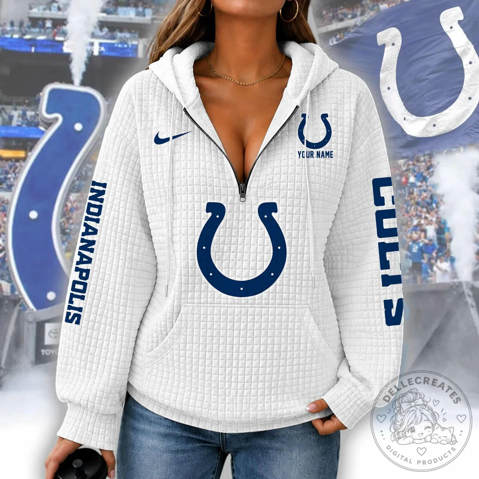 Indianapolis Colts Women's Waffle Knit Half-Zip Hoodie with Custom Name