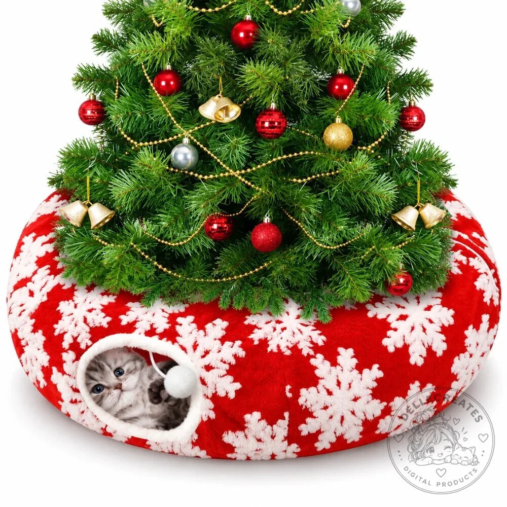 Christmas Tree Cat Tunnel Bed - Festive Snowflake Hideaway for Playful Cats