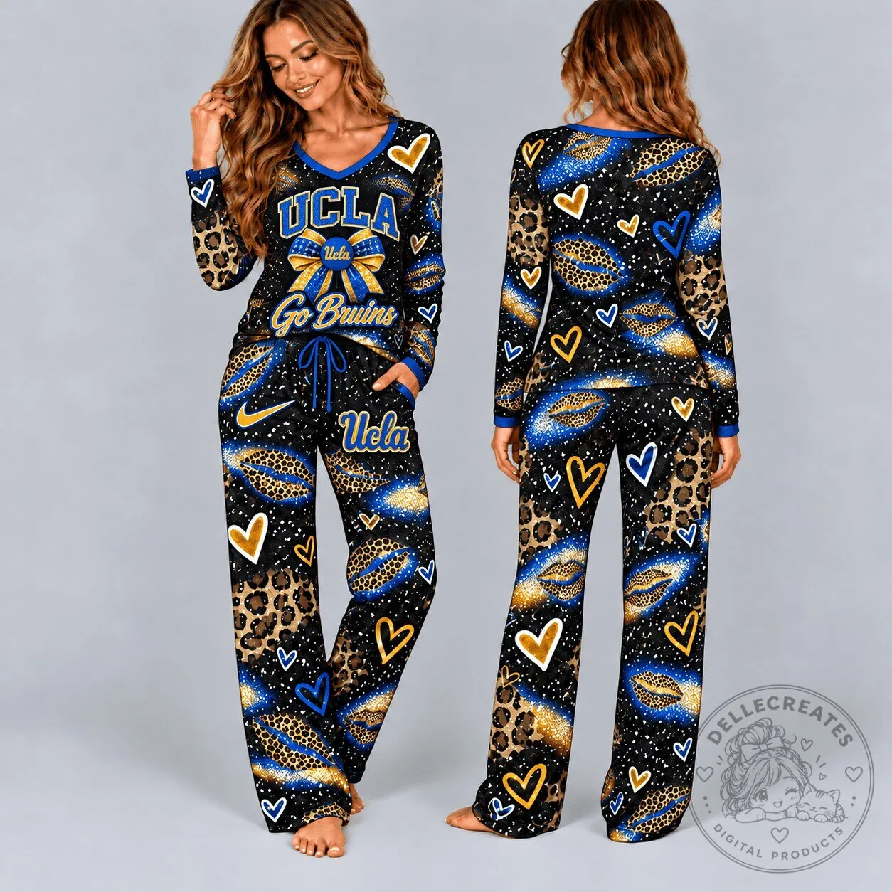 UCLA Bruins Leopard Print V-Neck Long Sleeve Pajamas Set