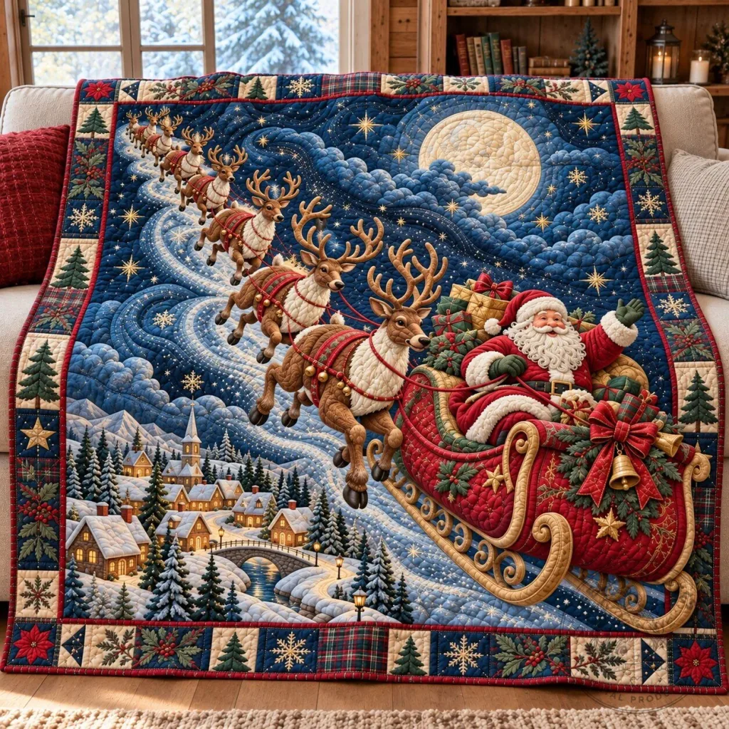 Santa Claus Christmas Eve Sleigh Ride Quilted Blanket Santa Claus Christmas Eve Sleigh Ride Quilted Blanket