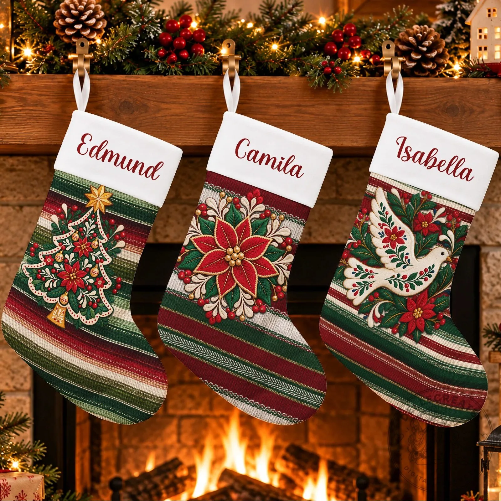 Personalized Serape Christmas Stocking with Poinsettia and Dove Design