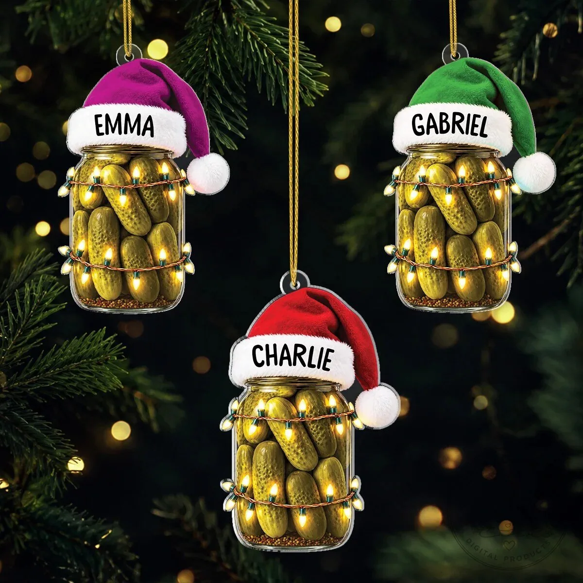 Personalized Pickle Jar Christmas Ornament with Santa Hat and Custom Name