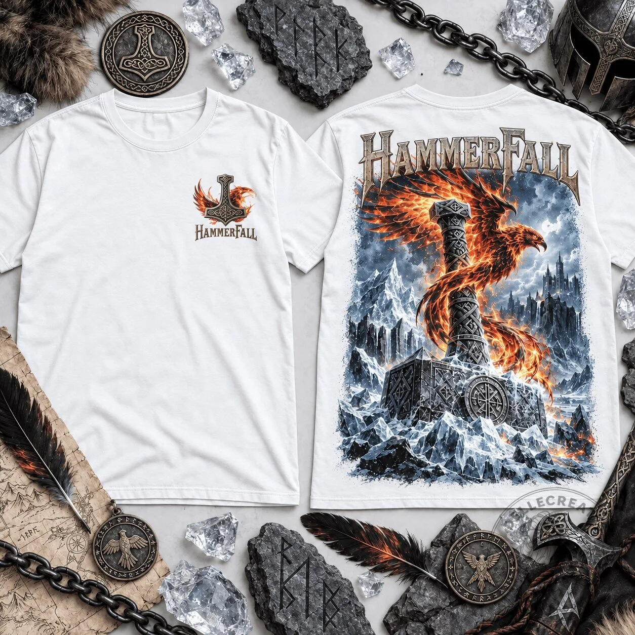 HammerFall Frozen Hammer and Fire Phoenix Heavy Metal Band White T-Shirt