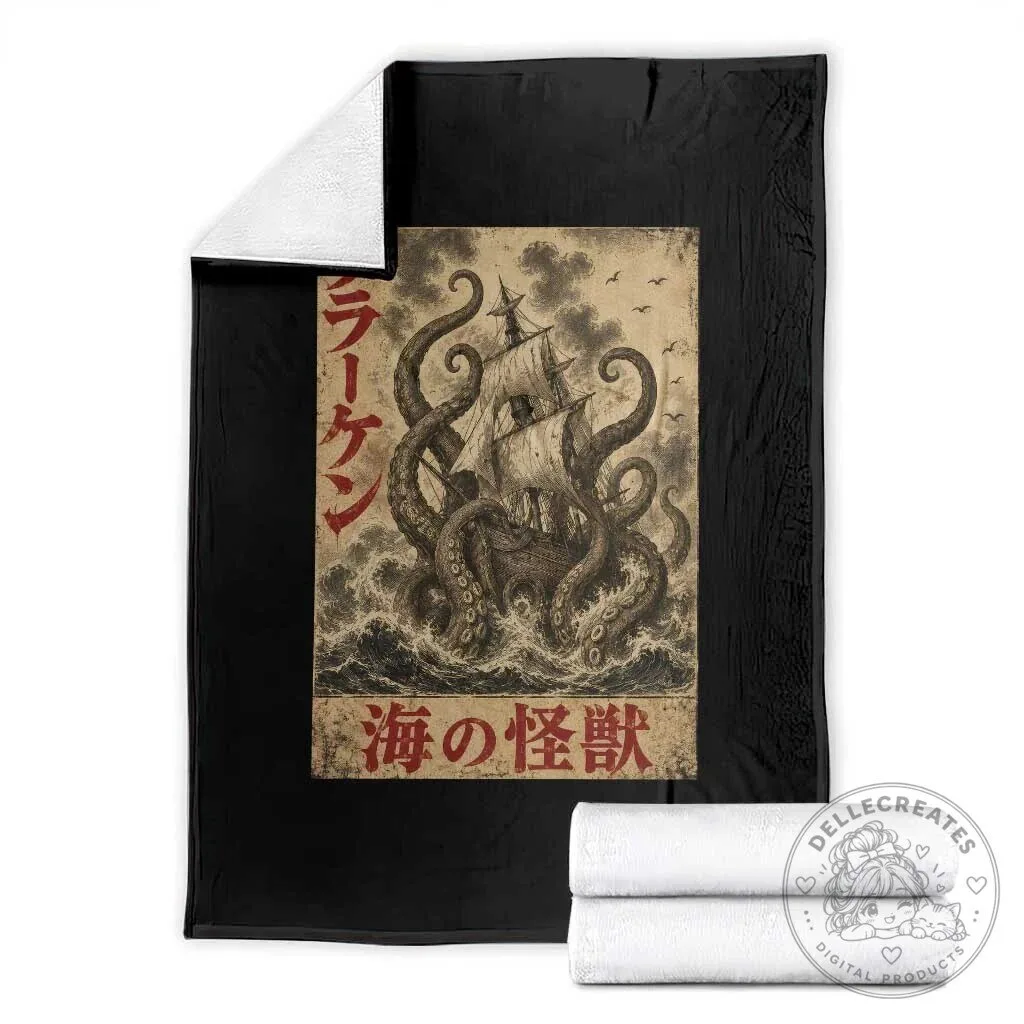 Vintage Japanese Ukiyoe Kraken Giant Octopus Sea Monster Throw Blanket 5 Vintage Japanese Ukiyoe Kraken Giant Octopus Sea Monster Throw Blanket