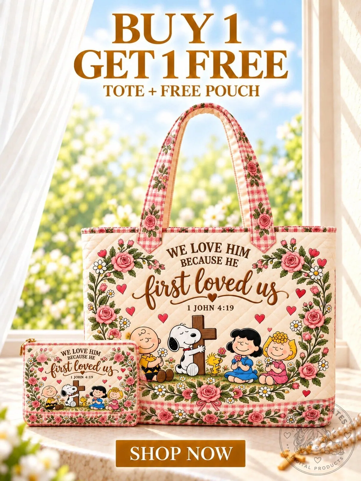 Snoopy Peanuts We Love Him Because He First Loved Us 1 John 4:19 Tote Bag