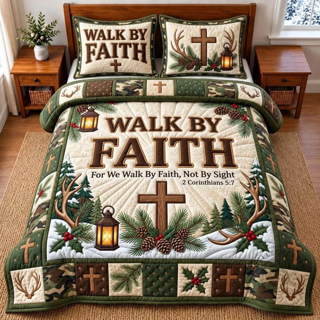 Walk By Faith Christian Cross Snowy Pine Camouflage Quilted Bedding Set Walk By Faith Christian Cross Snowy Pine Camouflage Quilted Bedding Set