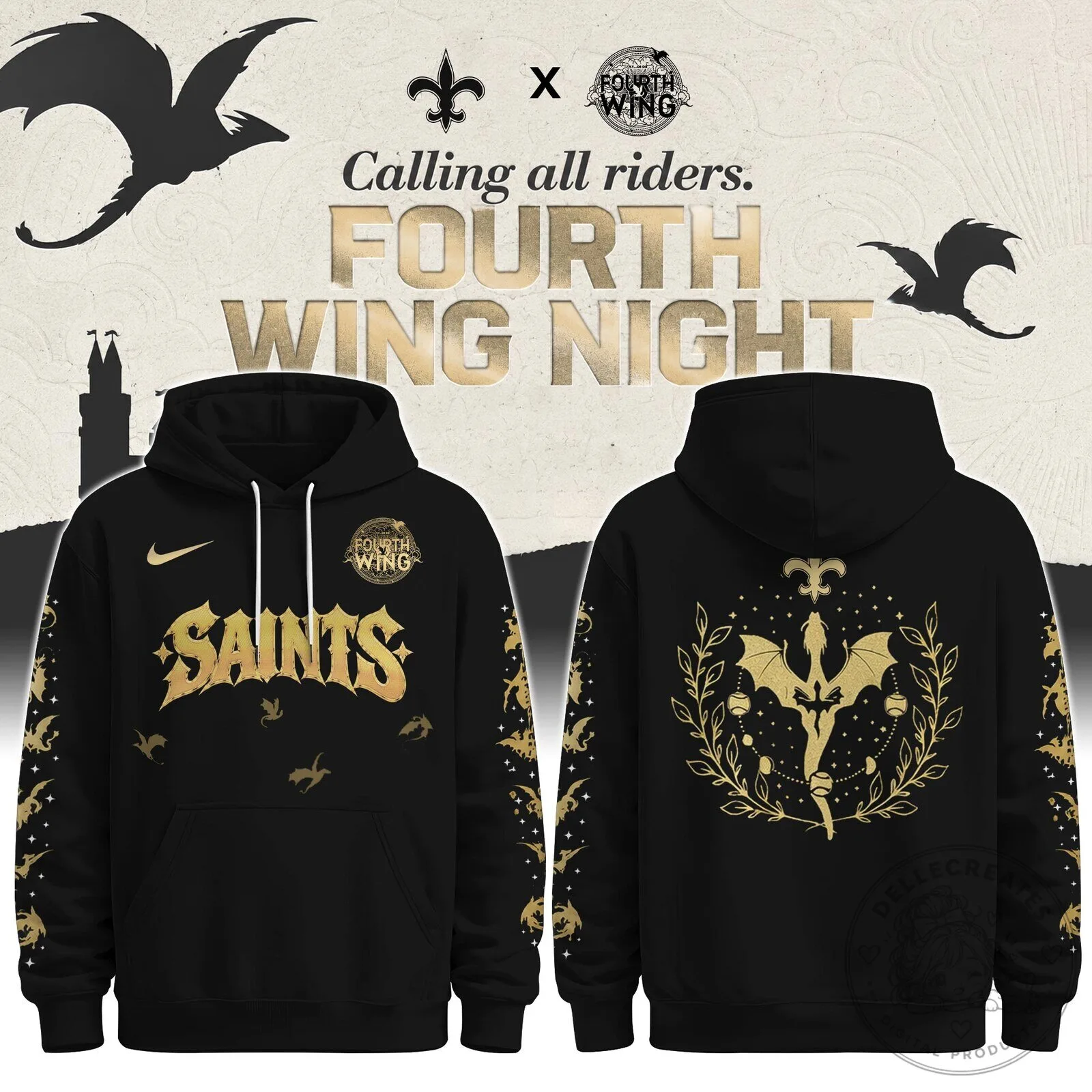 New Orleans Saints Fourth Wing Night Black Gold Dragon Hoodie