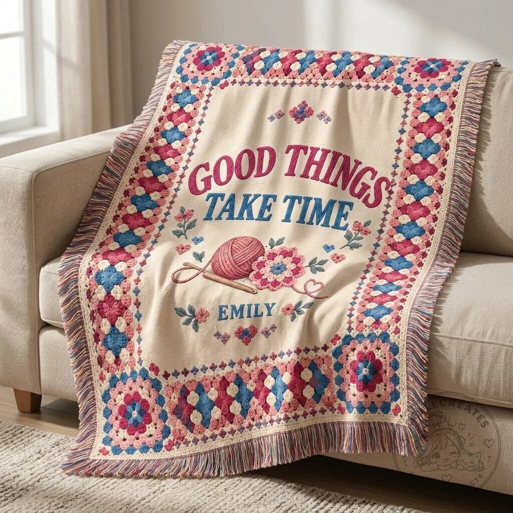 Personalized Crochet Lover Woven Blanket Good Things Take Time