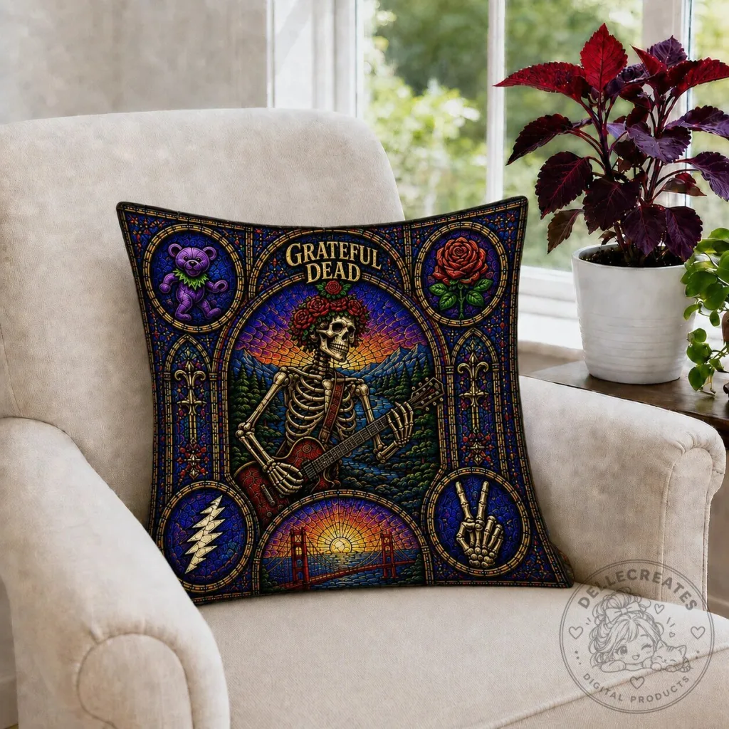Grateful Dead Stained Glass Skeleton Guitar Decorative Throw Pillow Grateful Dead Stained Glass Skeleton Guitar Decorative Throw Pillow