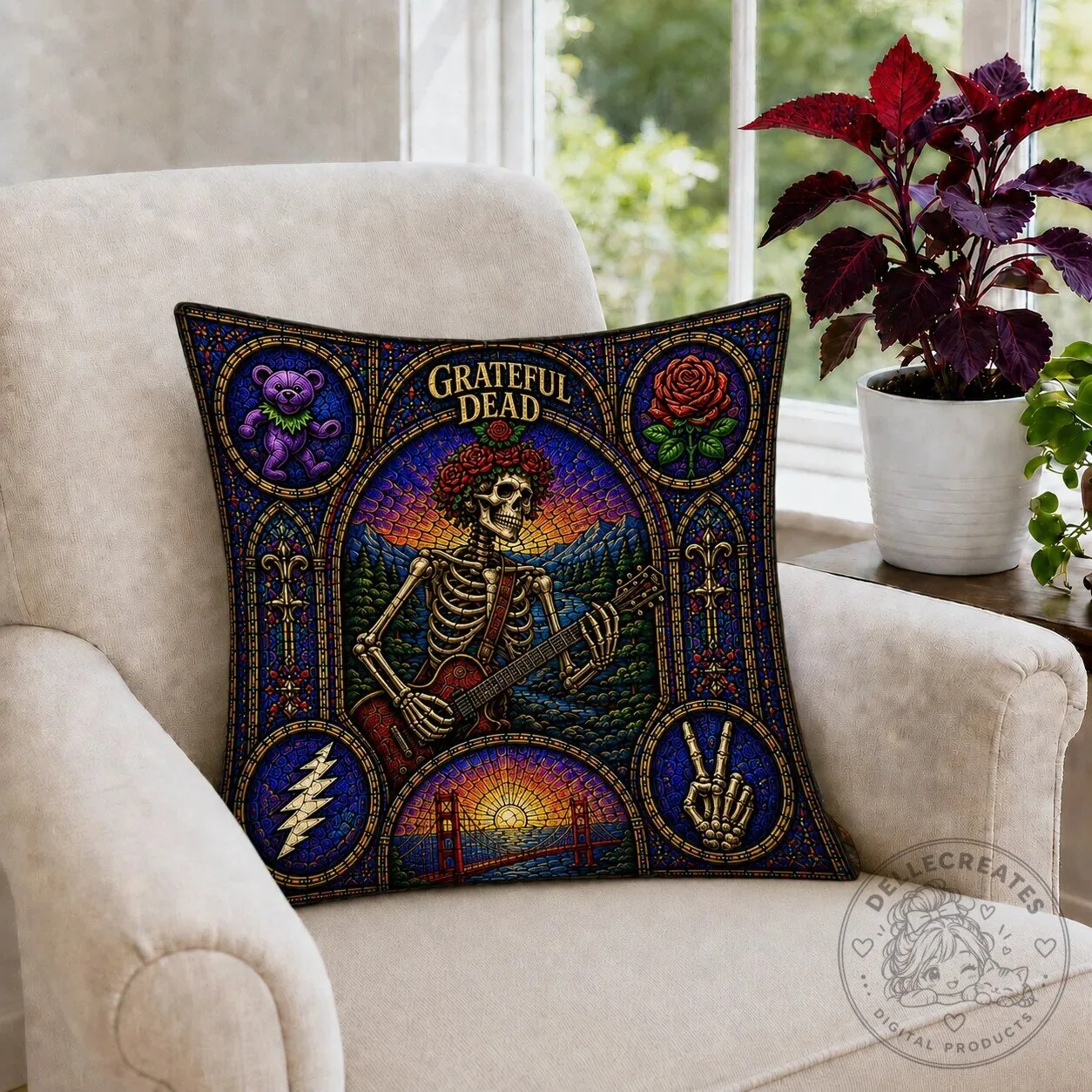 Grateful Dead Stained Glass Skeleton Guitar Decorative Throw Pillow 7 Grateful Dead Stained Glass Skeleton Guitar Decorative Throw Pillow