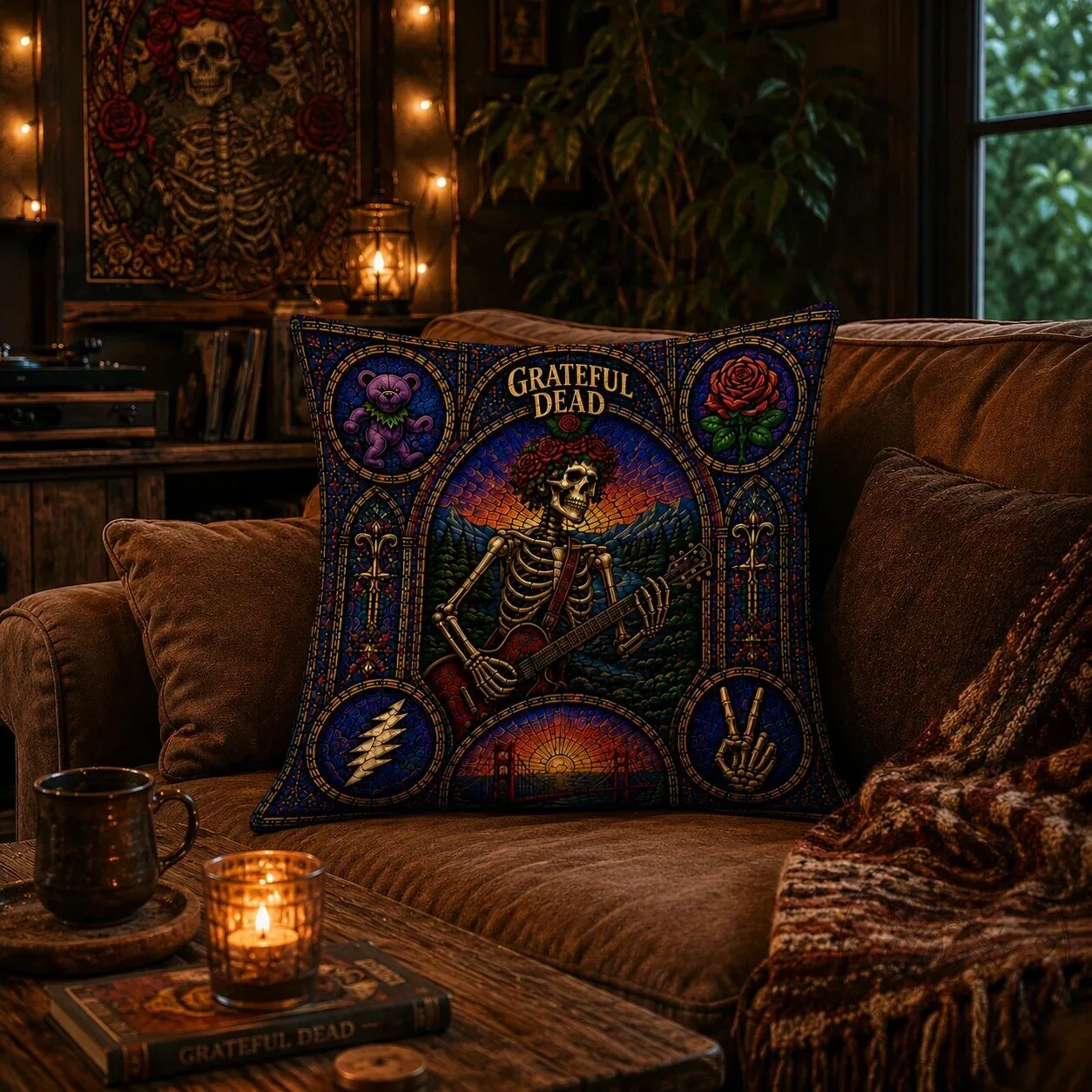 Grateful Dead Stained Glass Skeleton Guitar Decorative Throw Pillow 8 Grateful Dead Stained Glass Skeleton Guitar Decorative Throw Pillow