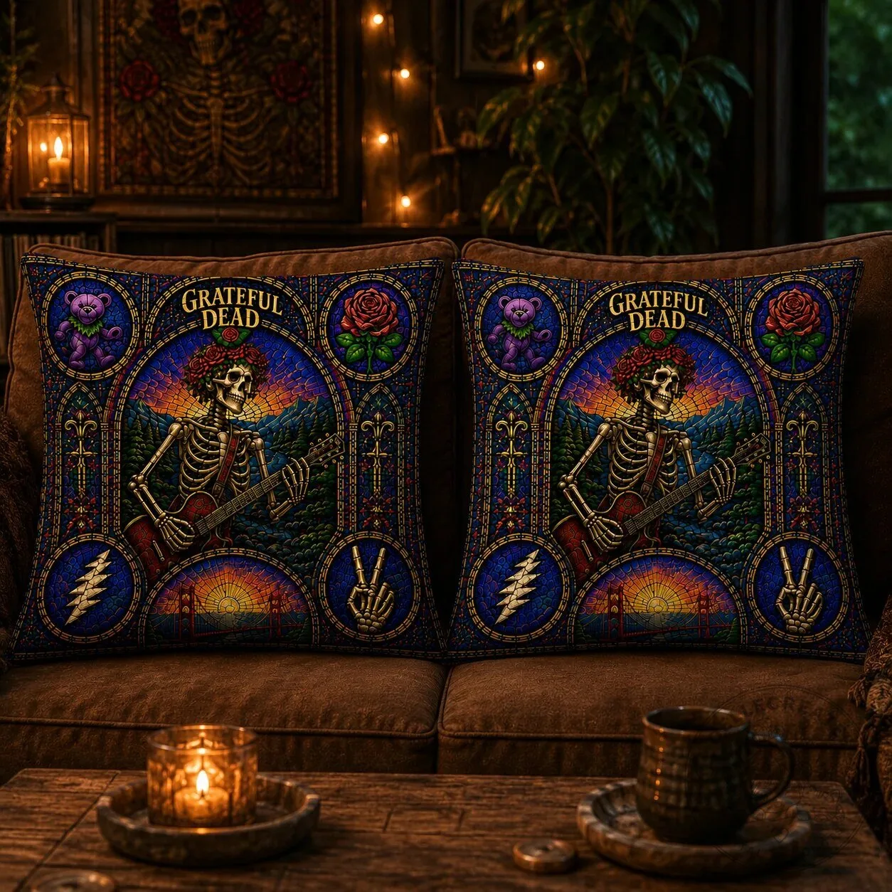 Grateful Dead Stained Glass Skeleton Guitar Decorative Throw Pillow 9 Grateful Dead Stained Glass Skeleton Guitar Decorative Throw Pillow