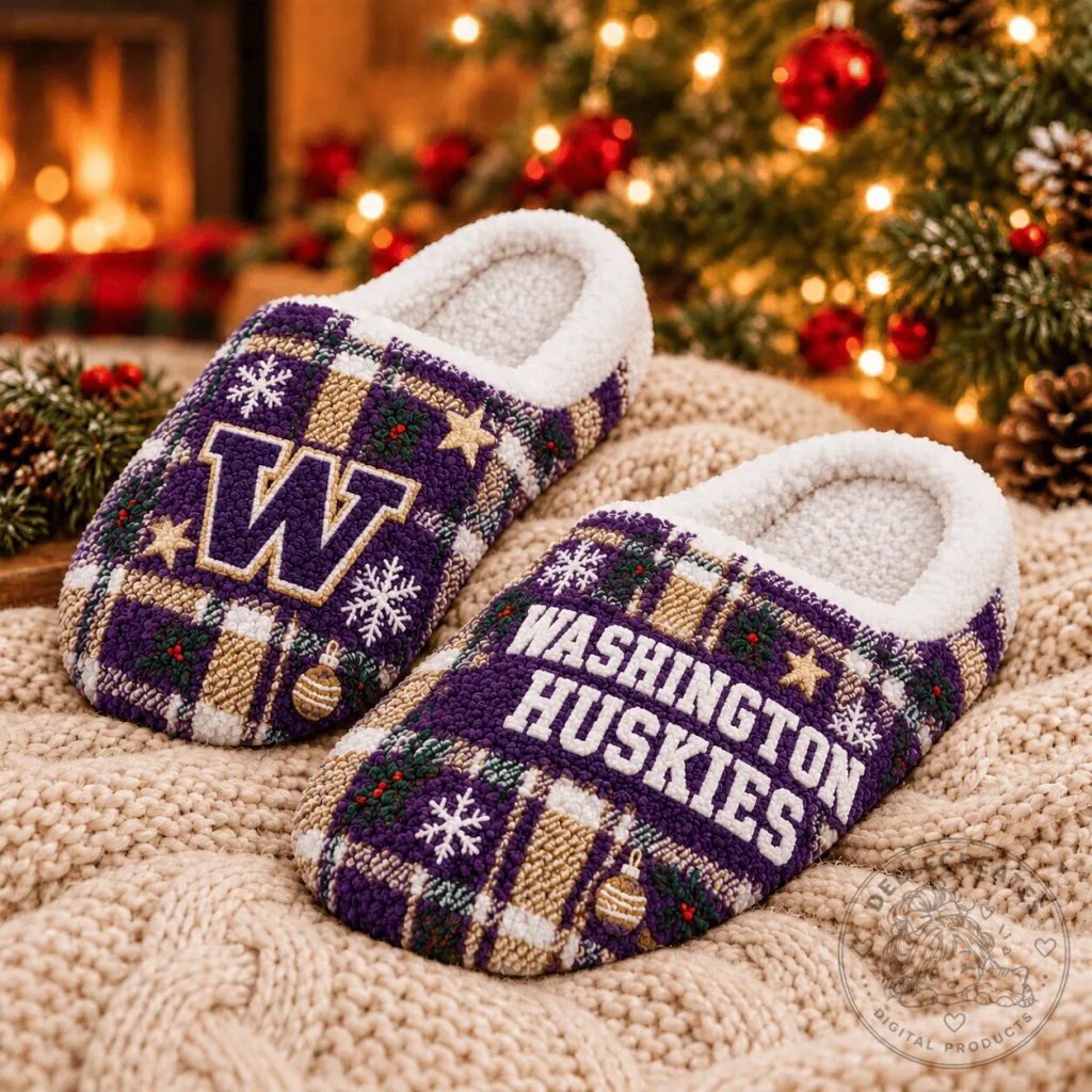 Washington Huskies Christmas Plaid Fluffy Slippers Washington Huskies Christmas Plaid Fluffy Slippers
