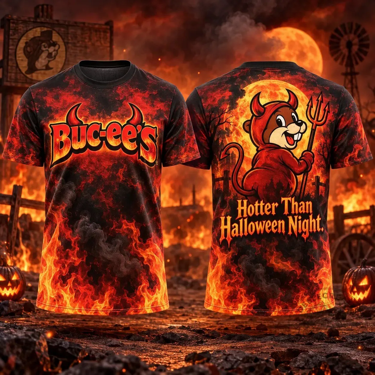 Buc-ee's Flaming Devil Halloween Night All Over Print T-Shirt